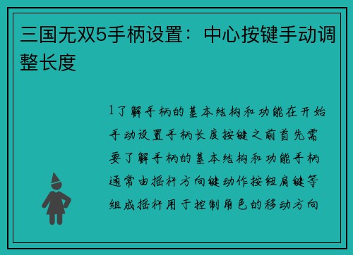 三国无双5手柄设置：中心按键手动调整长度